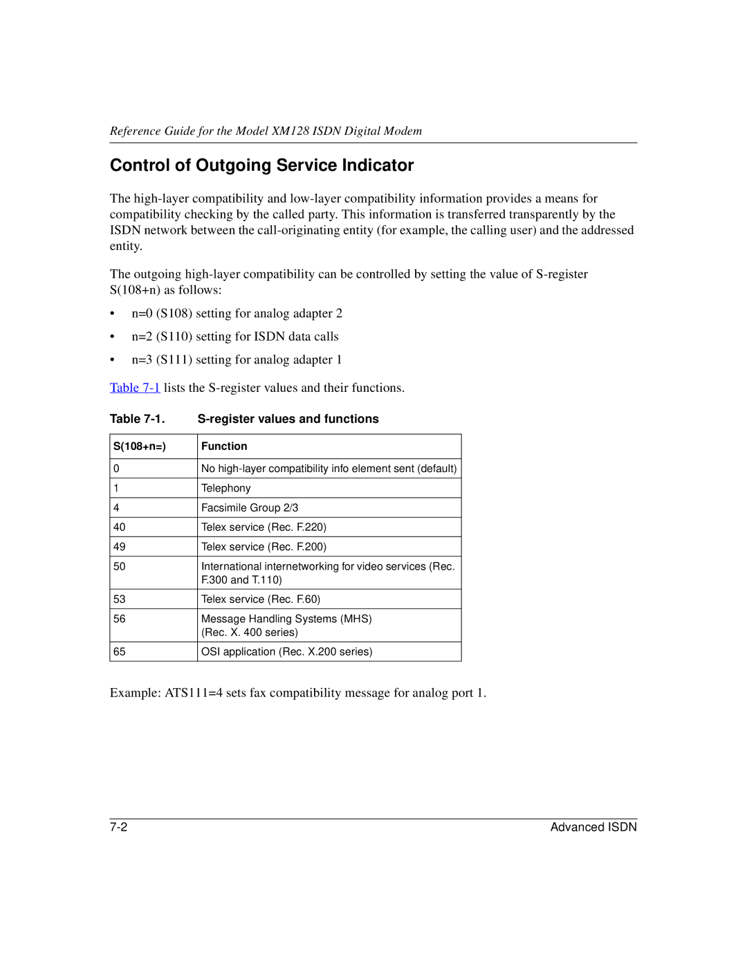 NETGEAR XM128 ISDN manual Control of Outgoing Service Indicator, Register values and functions, S108+n= Function 