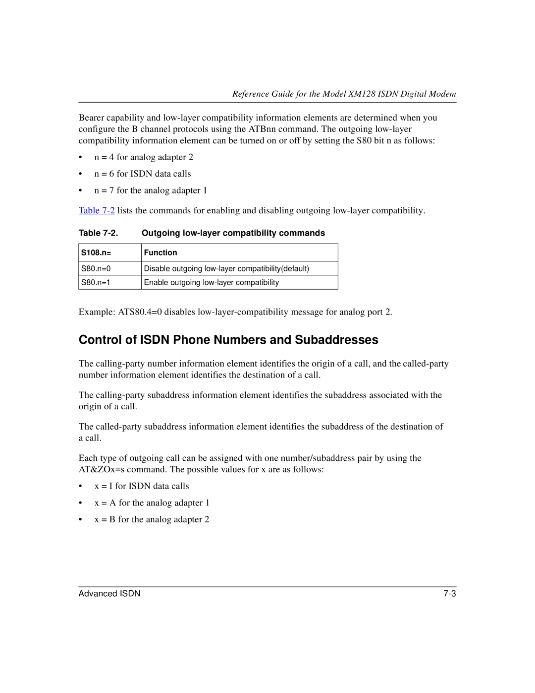 NETGEAR XM128 ISDN manual Control of Isdn Phone Numbers and Subaddresses, Outgoing low-layer compatibility commands 