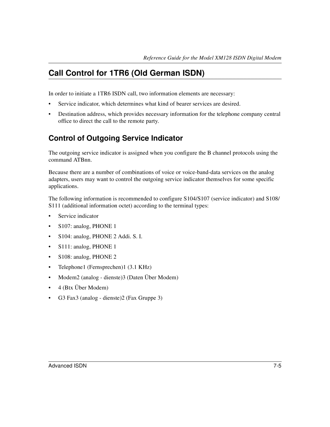 NETGEAR XM128 ISDN manual Call Control for 1TR6 Old German Isdn, Control of Outgoing Service Indicator 