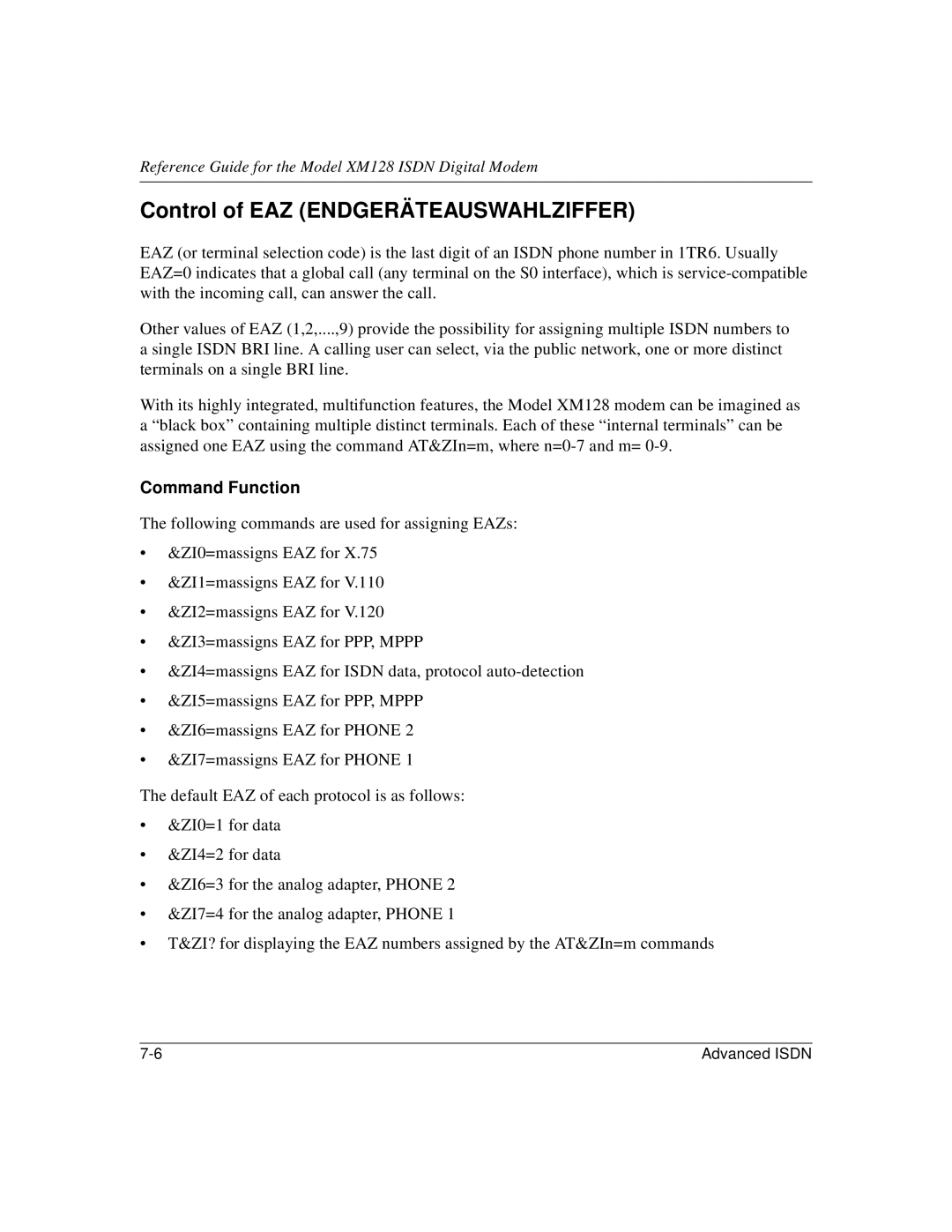 NETGEAR XM128 ISDN manual Control of EAZ Endgeräteauswahlziffer, Command Function 