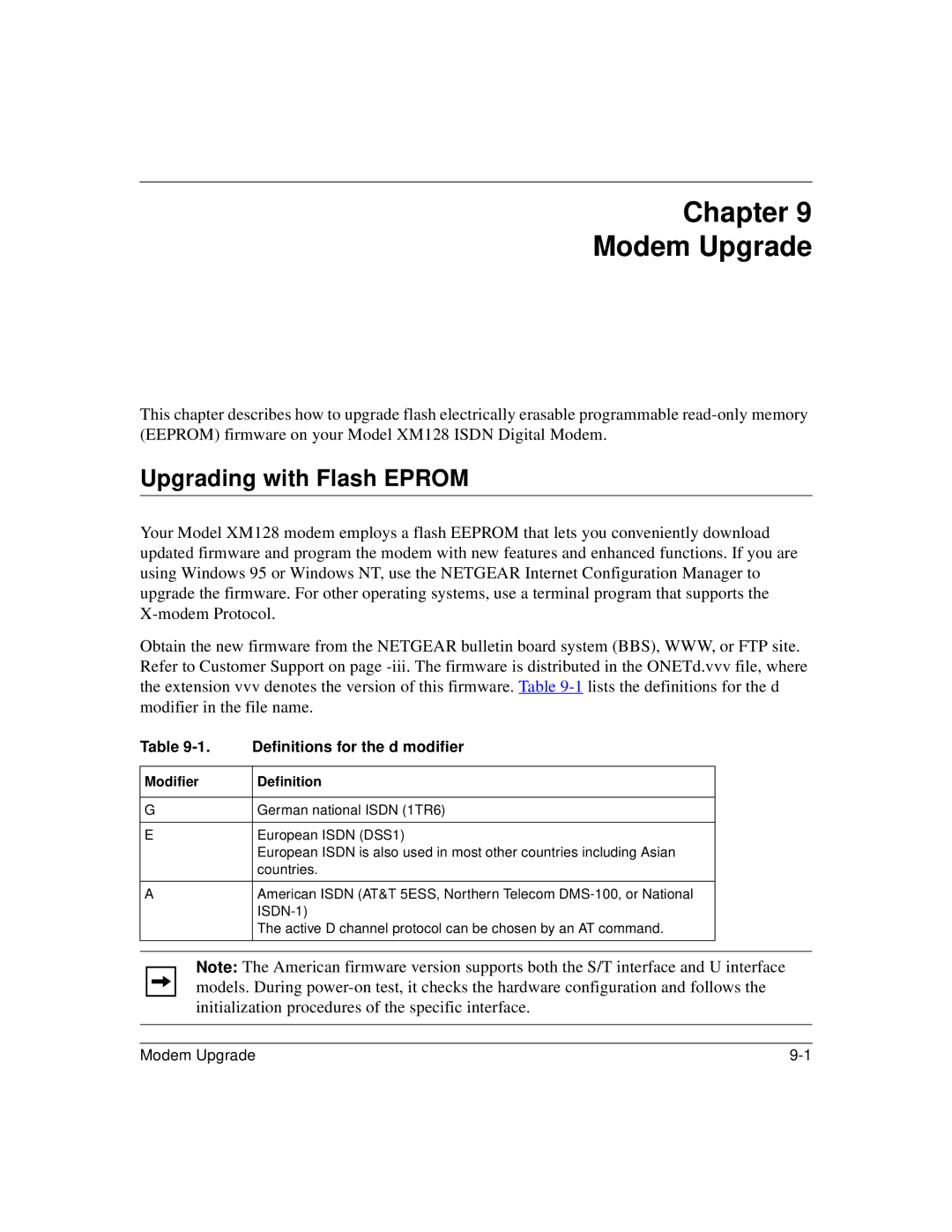 NETGEAR XM128 ISDN Chapter Modem Upgrade, Upgrading with Flash Eprom, Definitions for the d modifier, Modifier Definition 