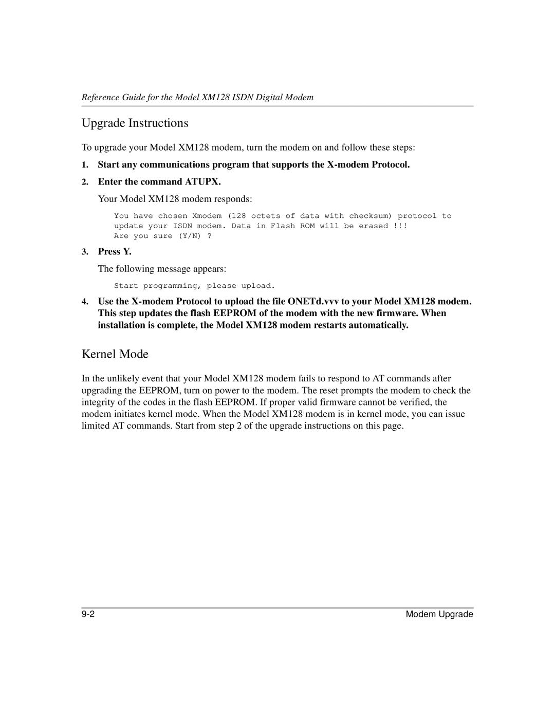 NETGEAR XM128 ISDN manual Upgrade Instructions, Kernel Mode 