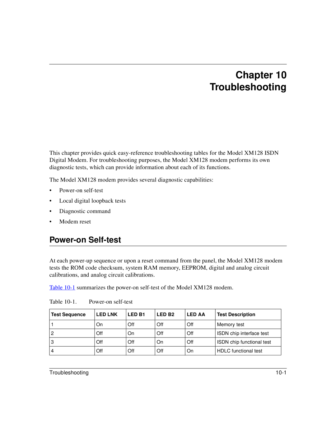 NETGEAR XM128 ISDN manual Chapter Troubleshooting, Power-on Self-test, Test Sequence, Test Description 