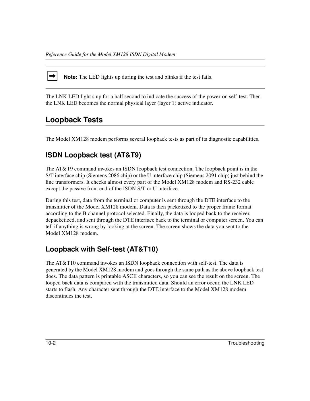 NETGEAR XM128 ISDN manual Loopback Tests, Isdn Loopback test AT&T9, Loopback with Self-test AT&T10 