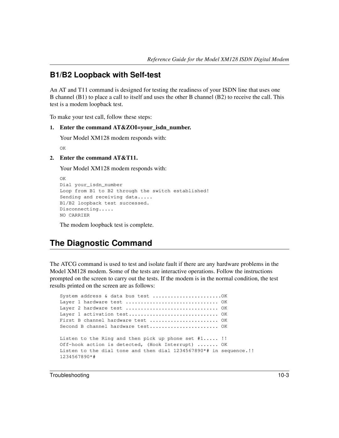 NETGEAR XM128 ISDN manual Diagnostic Command, B1/B2 Loopback with Self-test 