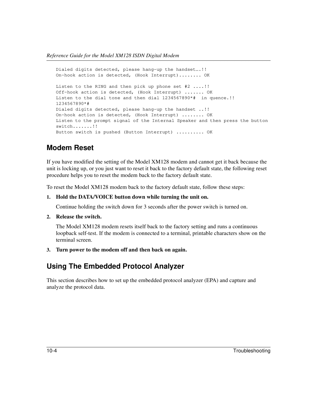 NETGEAR XM128 ISDN manual Modem Reset, Using The Embedded Protocol Analyzer 