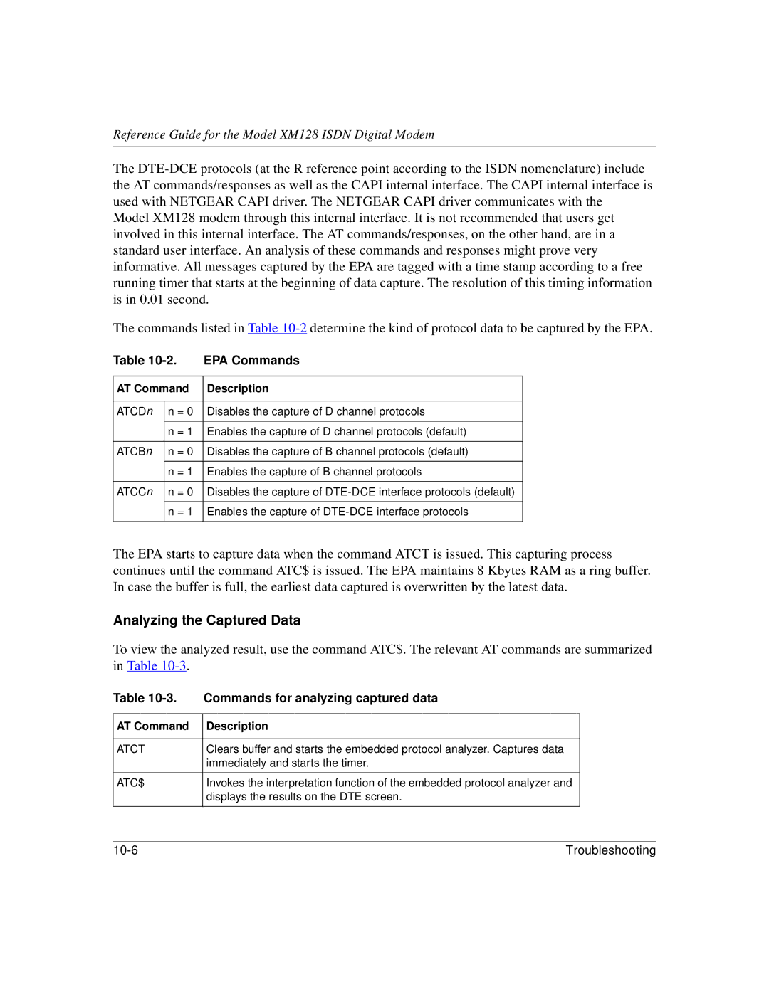 NETGEAR XM128 ISDN manual Analyzing the Captured Data, EPA Commands, Commands for analyzing captured data, Atct, Atc$ 