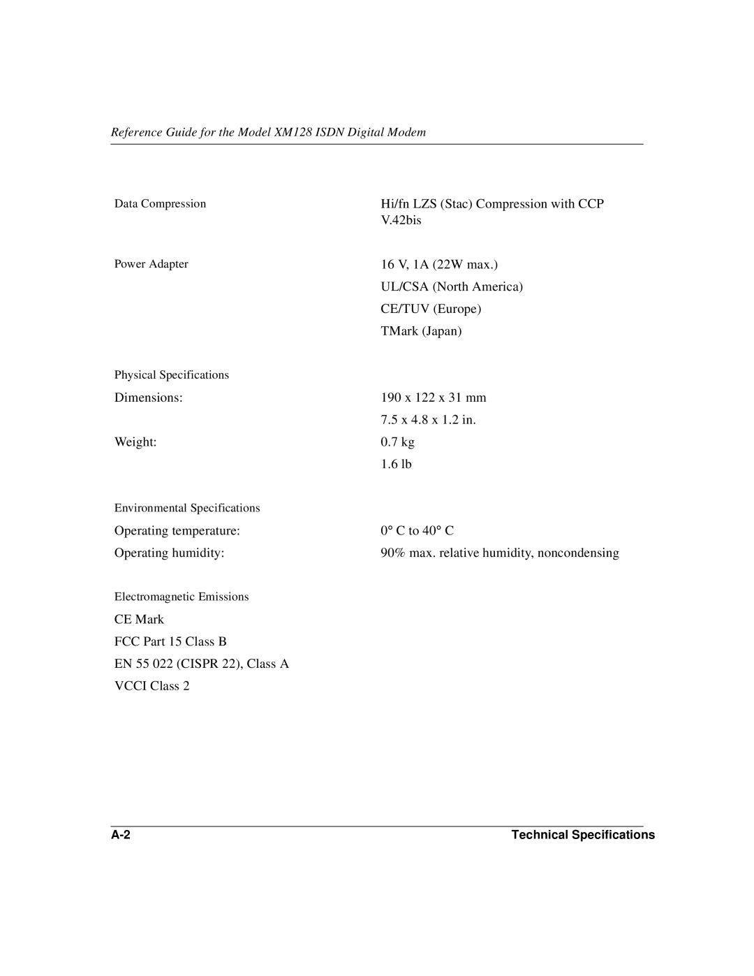 NETGEAR XM128 ISDN manual Data Compression, Power Adapter, Physical Specifications, Environmental Specifications 