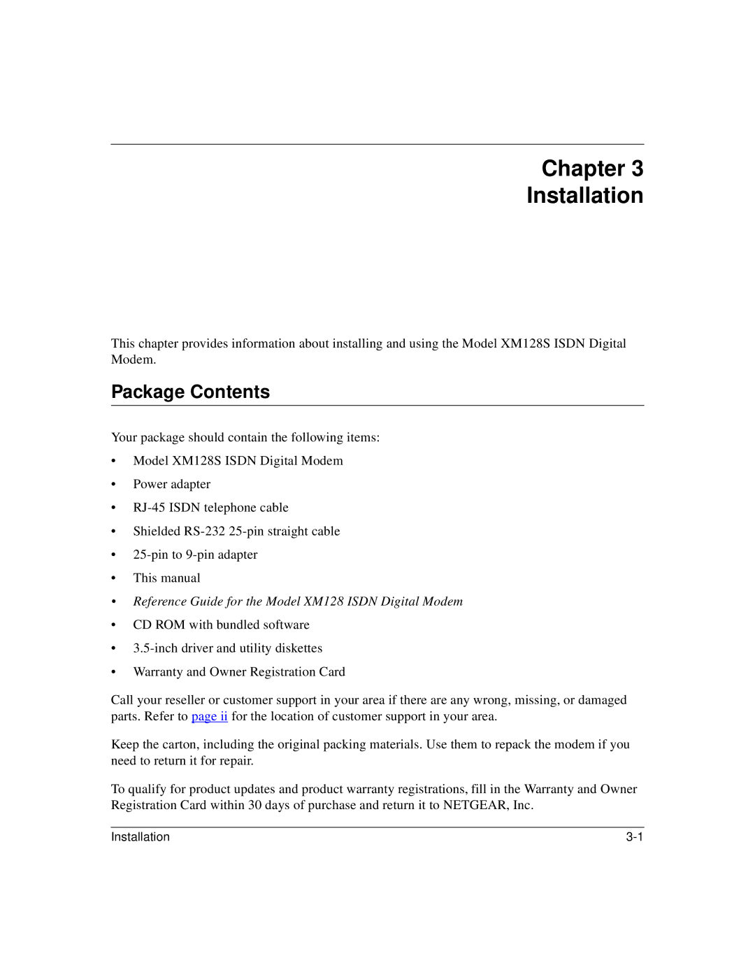 NETGEAR XM128S manual Chapter Installation, Package Contents 