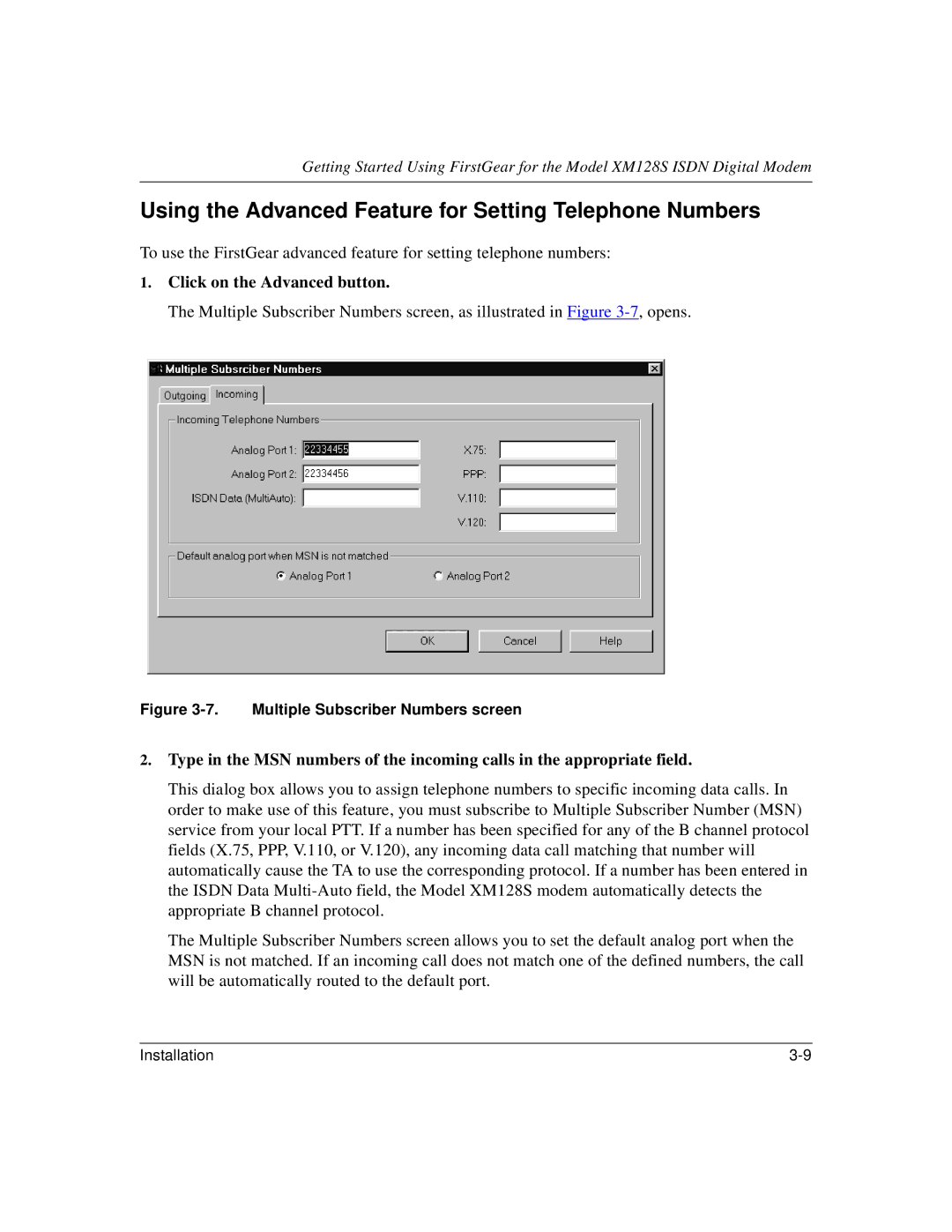 NETGEAR XM128S manual Using the Advanced Feature for Setting Telephone Numbers, Multiple Subscriber Numbers screen 