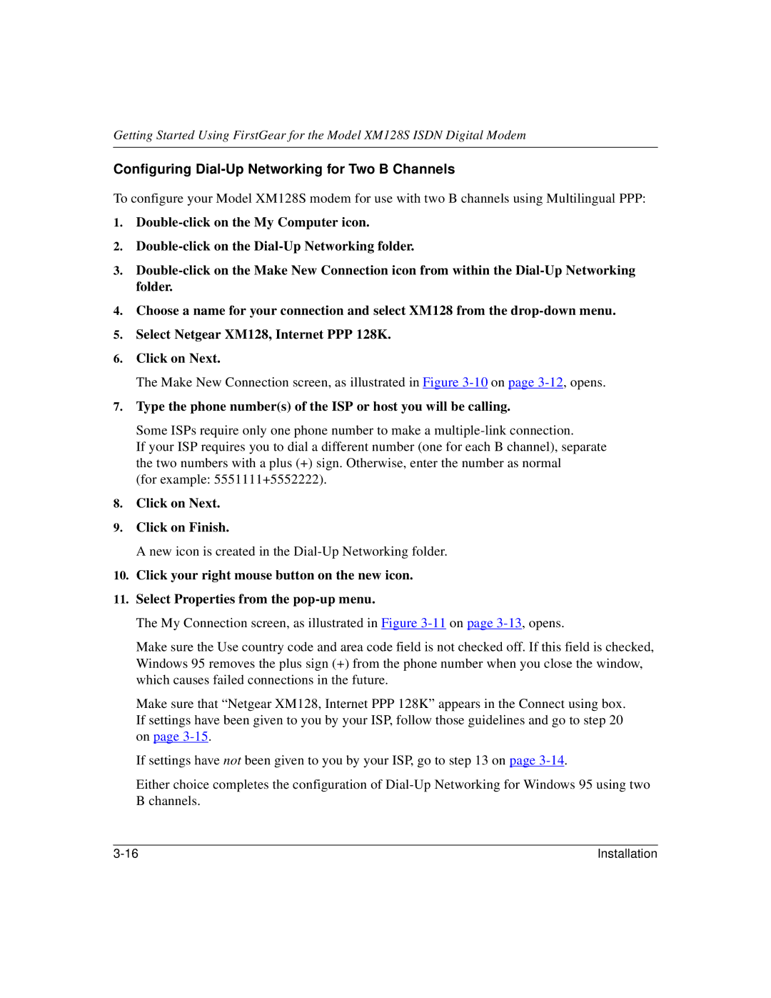 NETGEAR XM128S manual Configuring Dial-Up Networking for Two B Channels 