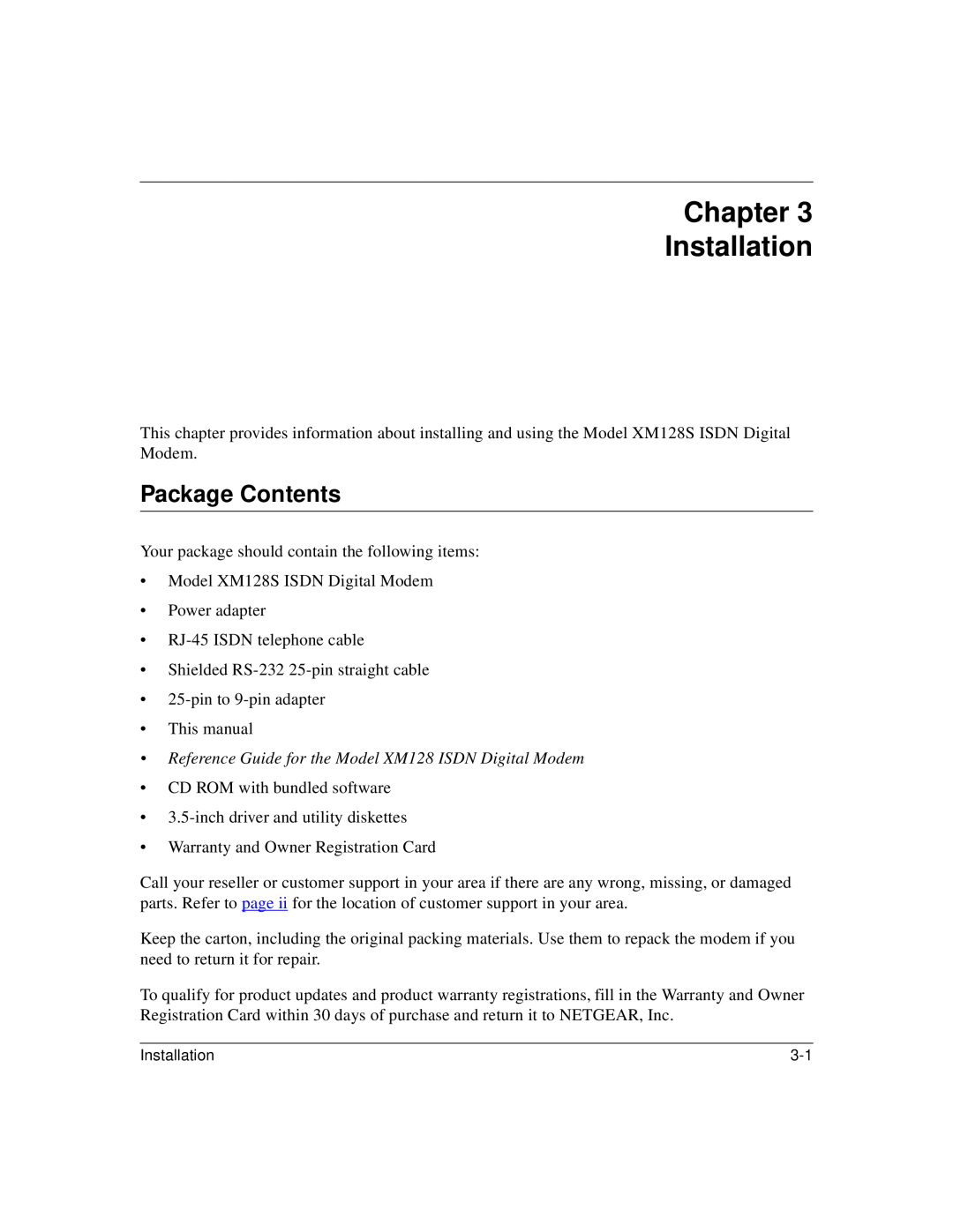 NETGEAR XM128S manual Chapter Installation, Package Contents, Reference Guide for the Model XM128 ISDN Digital Modem 