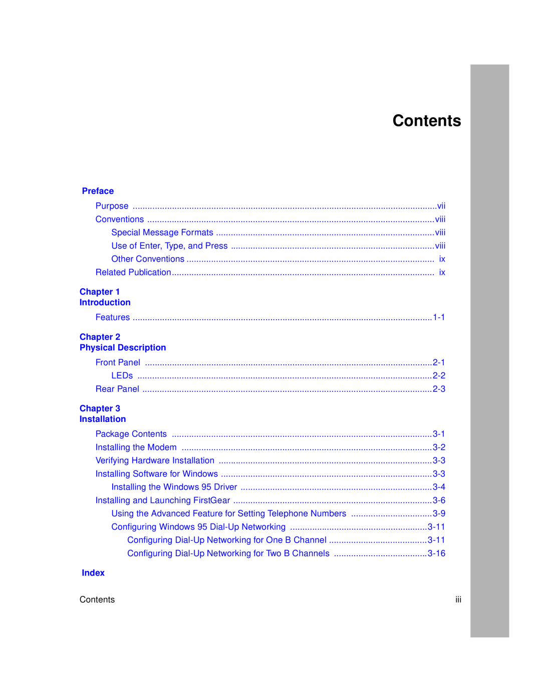 NETGEAR XM128S manual Contents, Preface, Chapter, Introduction, Physical Description, Installation, Index 