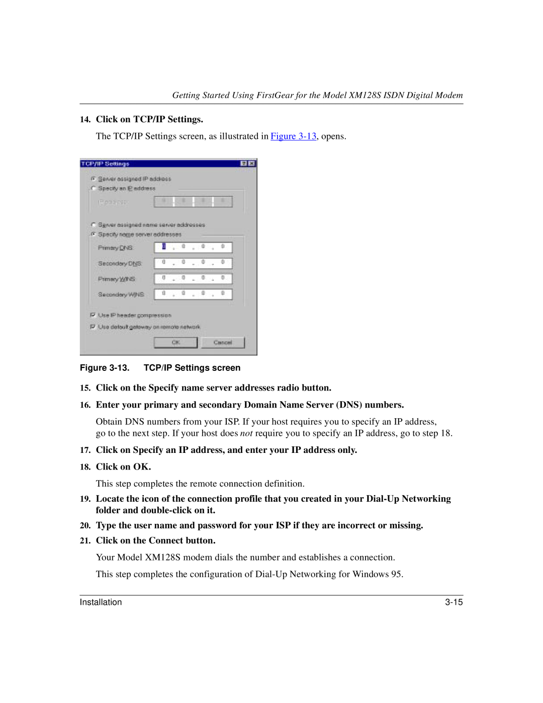 NETGEAR XM128S manual Click on TCP/IP Settings 