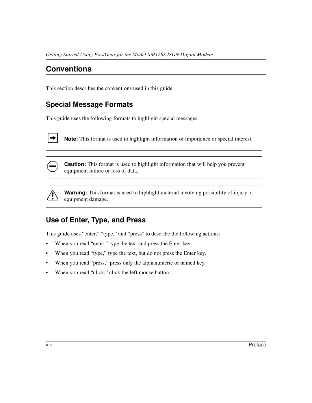 NETGEAR XM128S manual Conventions, Special Message Formats, Use of Enter, Type, and Press 