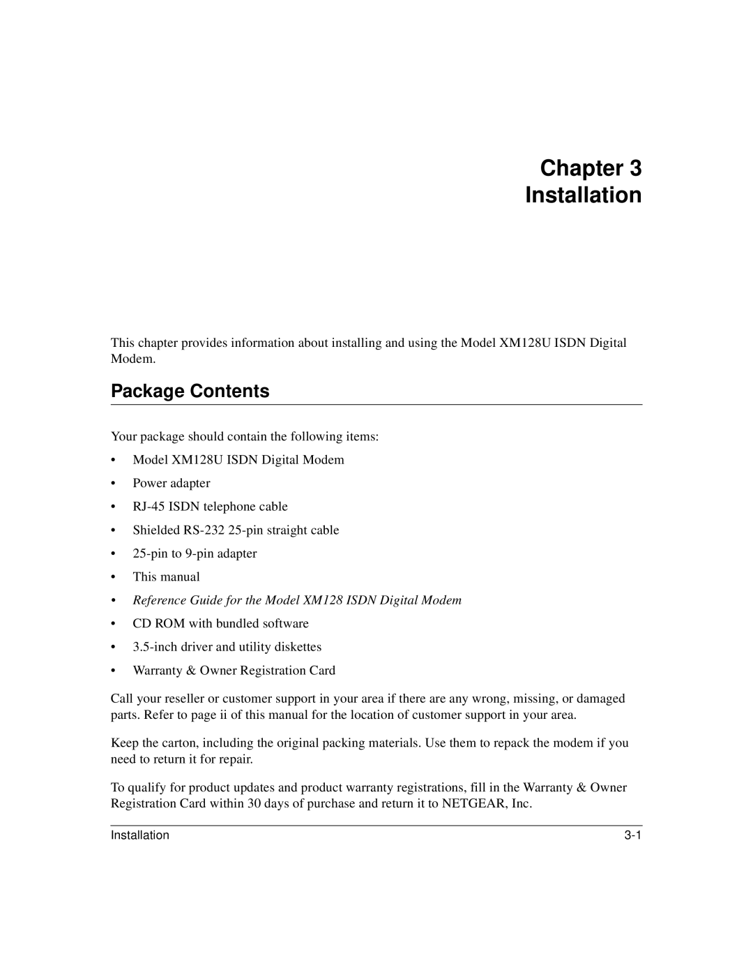 NETGEAR XM128U manual Chapter Installation, Package Contents 