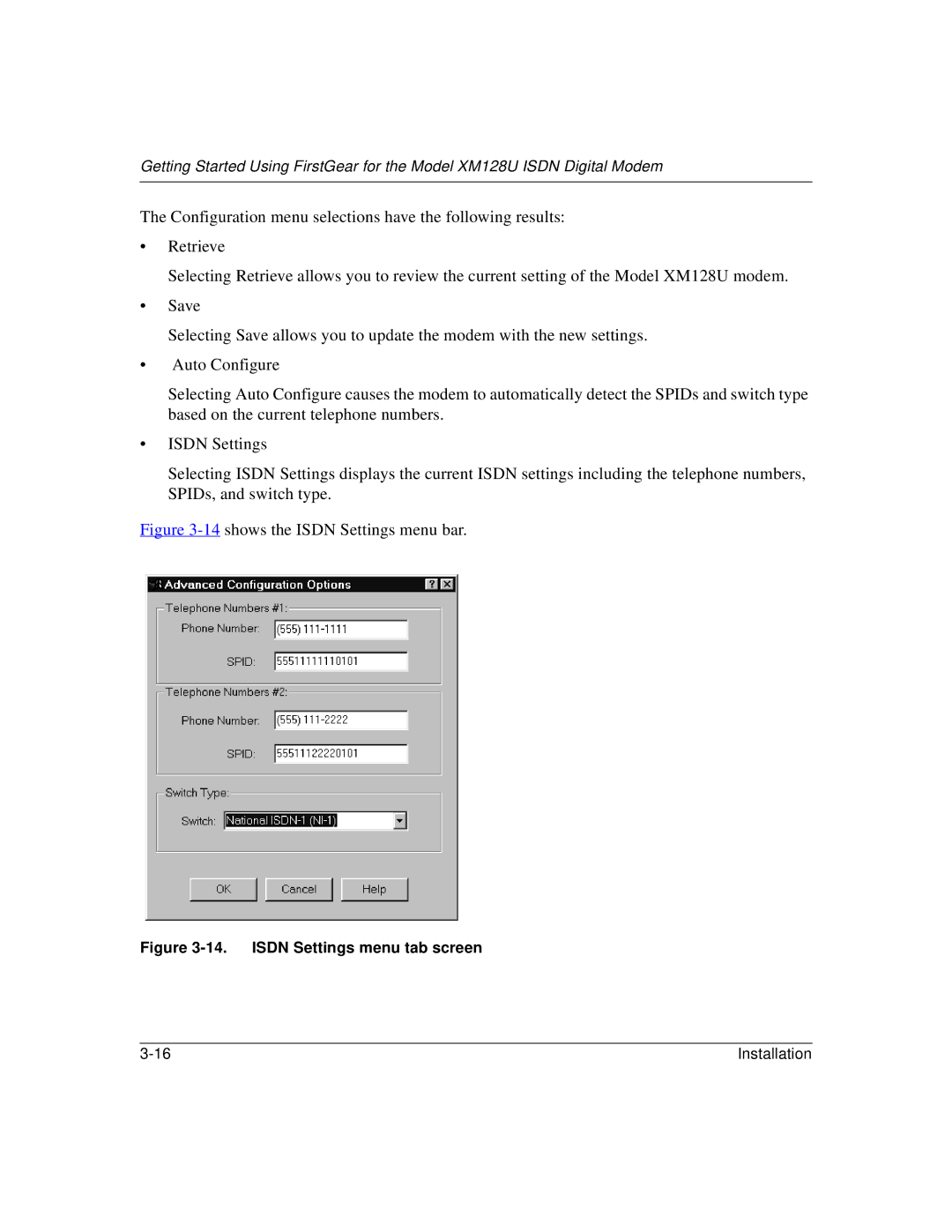 NETGEAR XM128U manual shows the Isdn Settings menu bar 