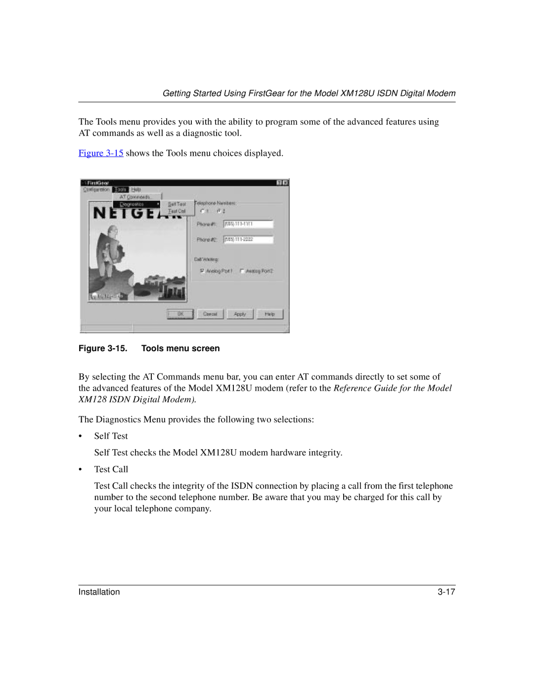 NETGEAR XM128U manual shows the Tools menu choices displayed 