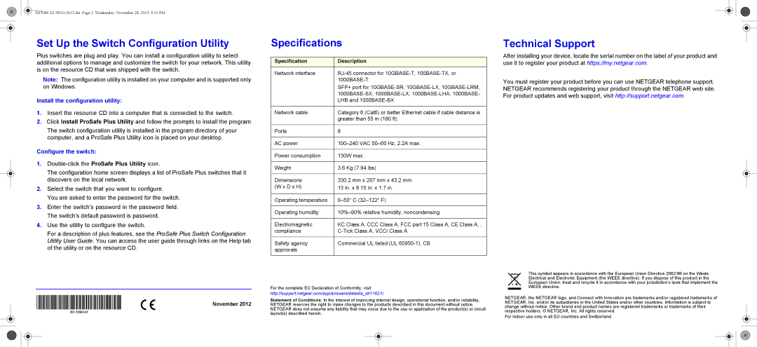 NETGEAR XS708E manual Set Up the Switch Configuration Utility, Specifications, Technical Support, Configure the switch 