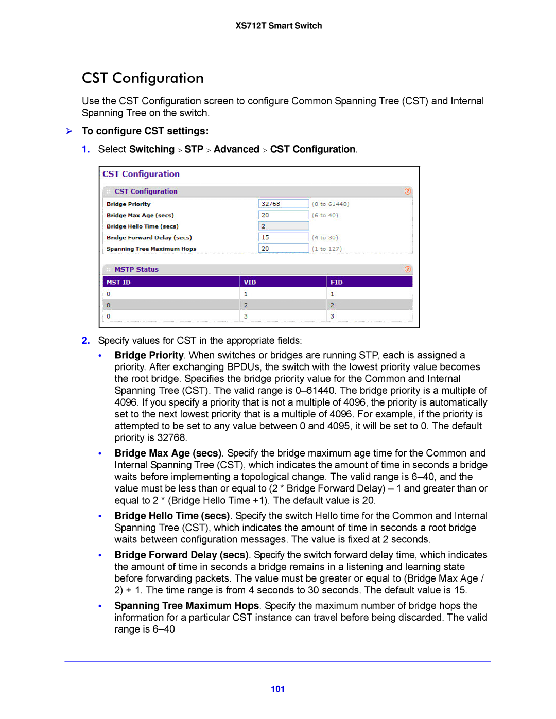 NETGEAR XS712T-100NES manual CST Configuration, 101 