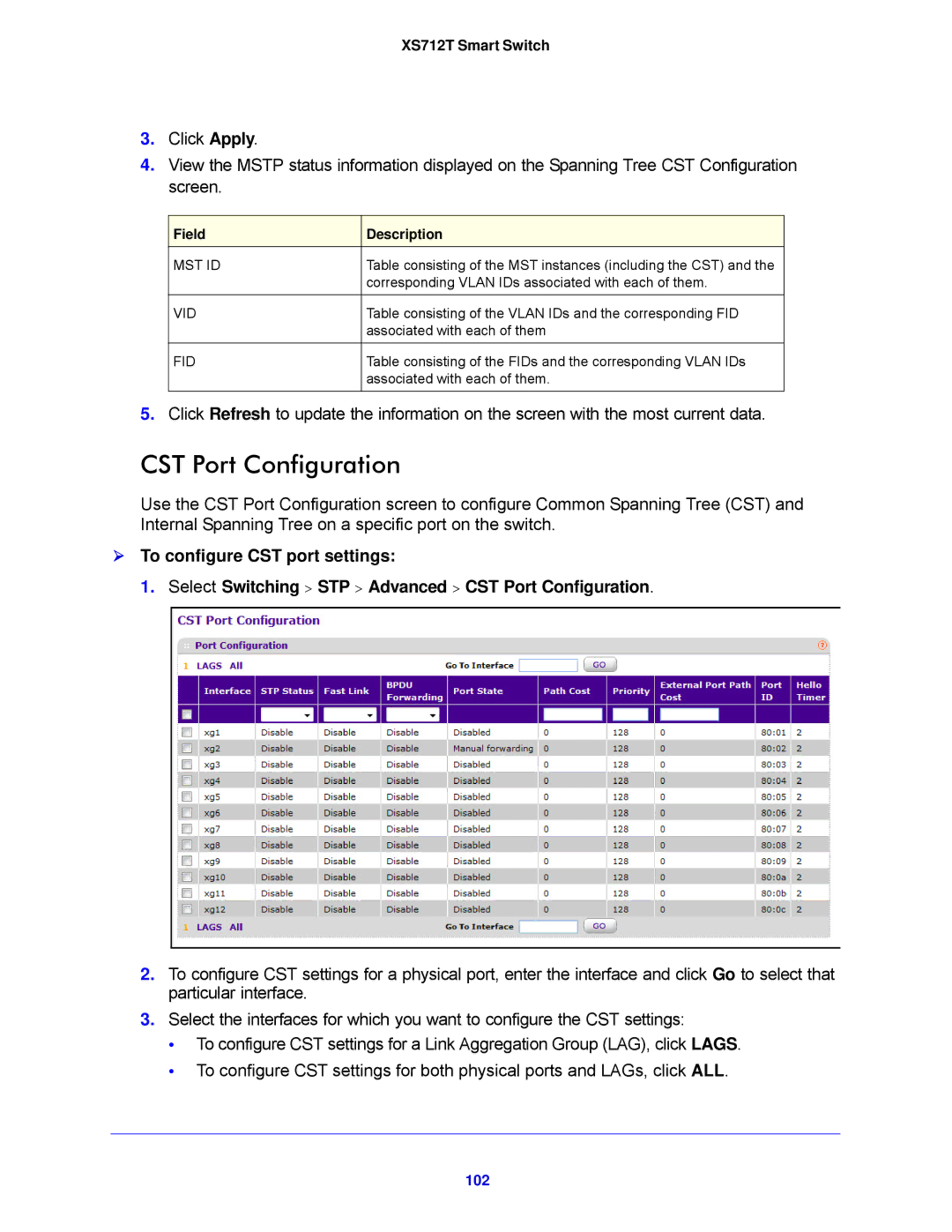 NETGEAR XS712T-100NES manual CST Port Configuration, 102 