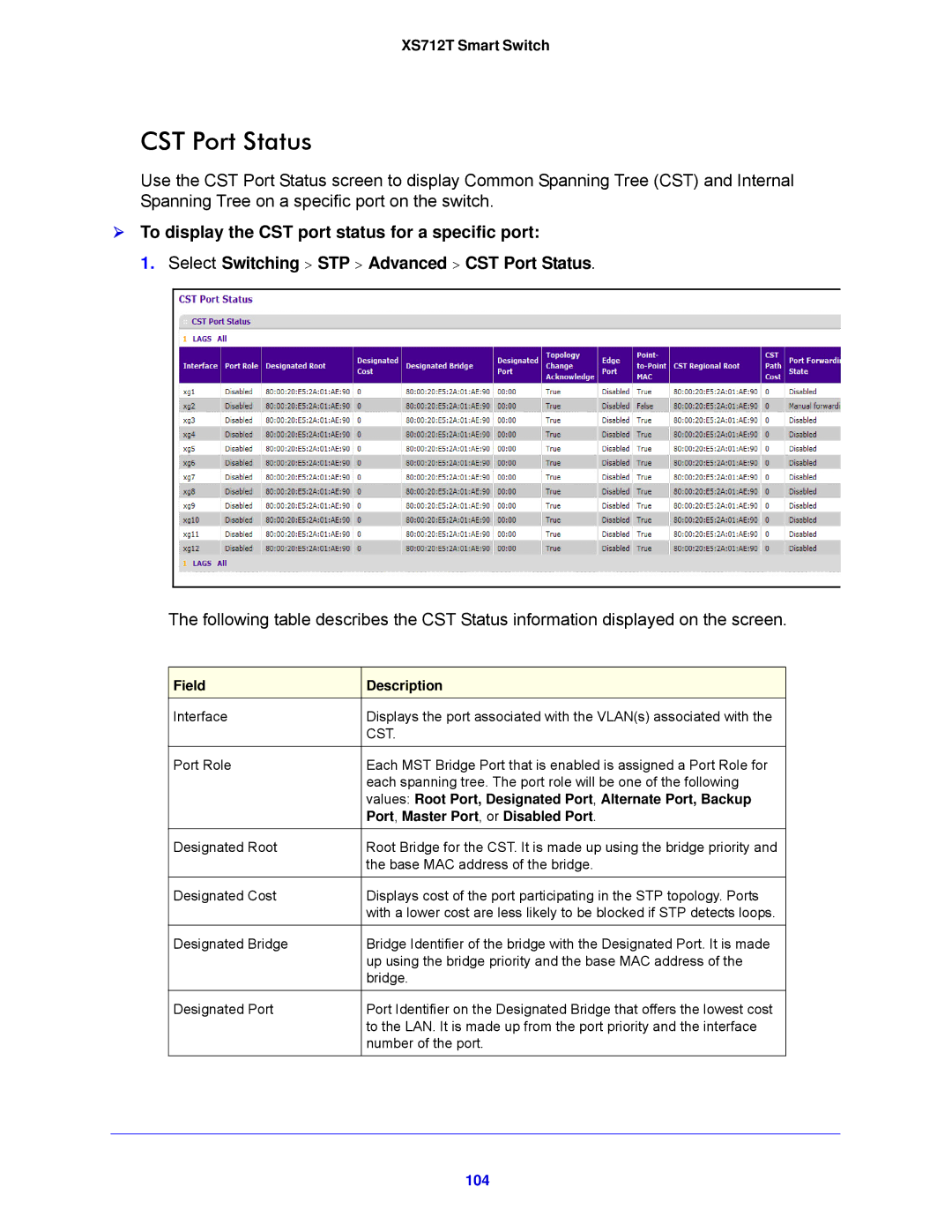 NETGEAR XS712T-100NES manual CST Port Status, 104 