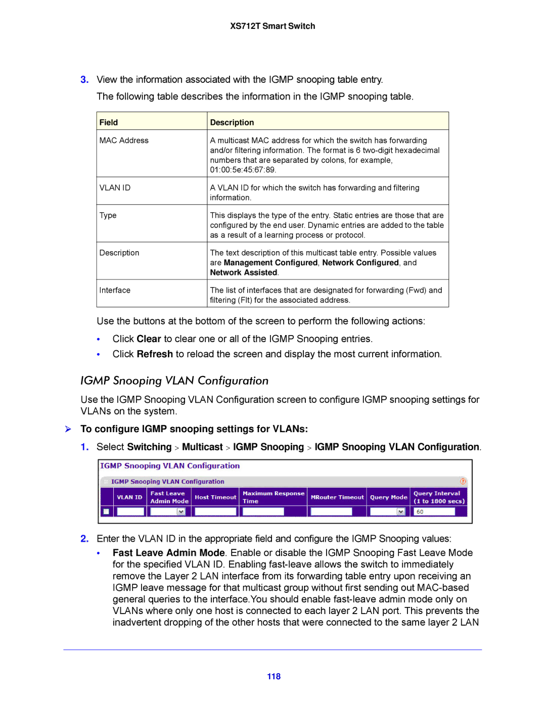 NETGEAR XS712T-100NES manual Igmp Snooping Vlan Configuration, 118 