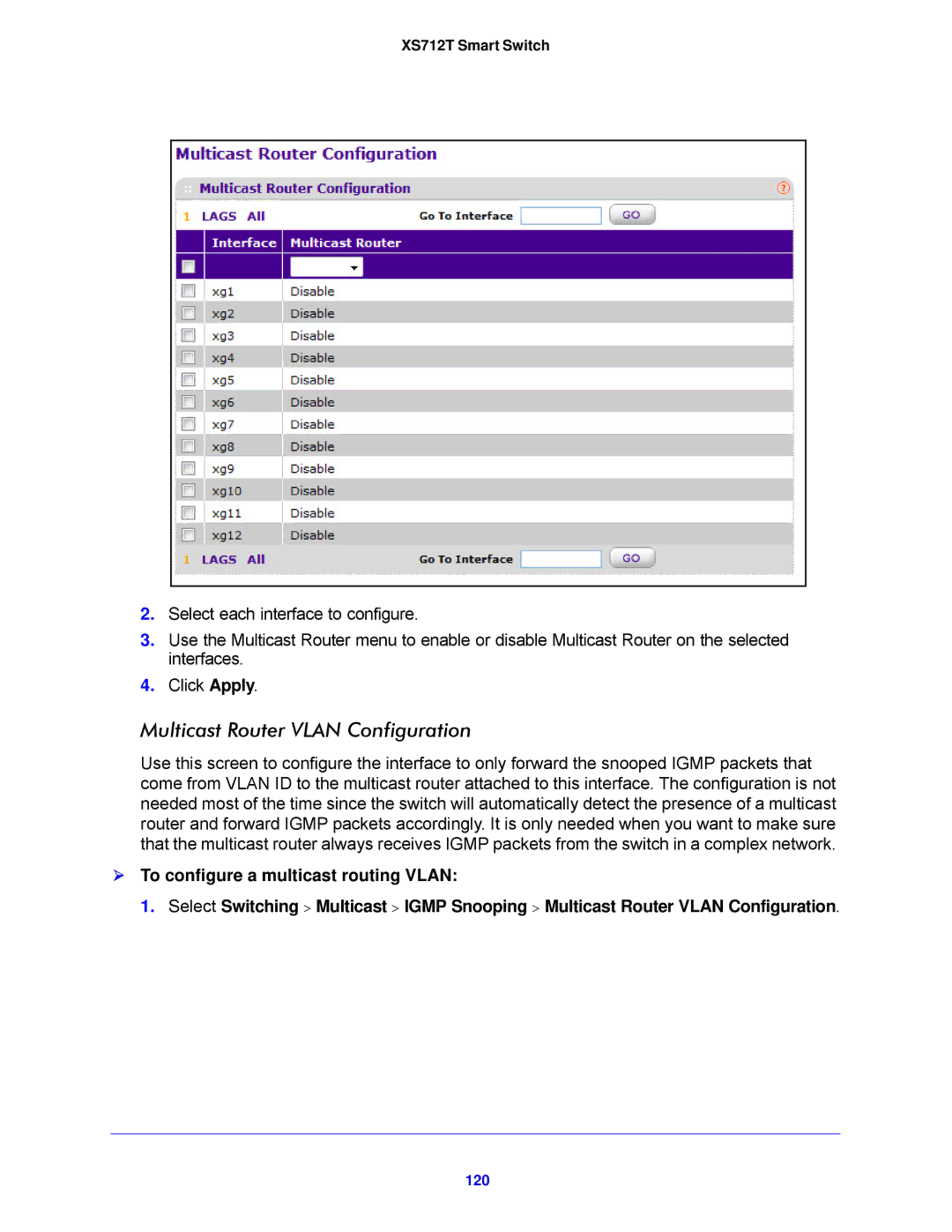 NETGEAR XS712T-100NES manual Multicast Router Vlan Configuration, 120 