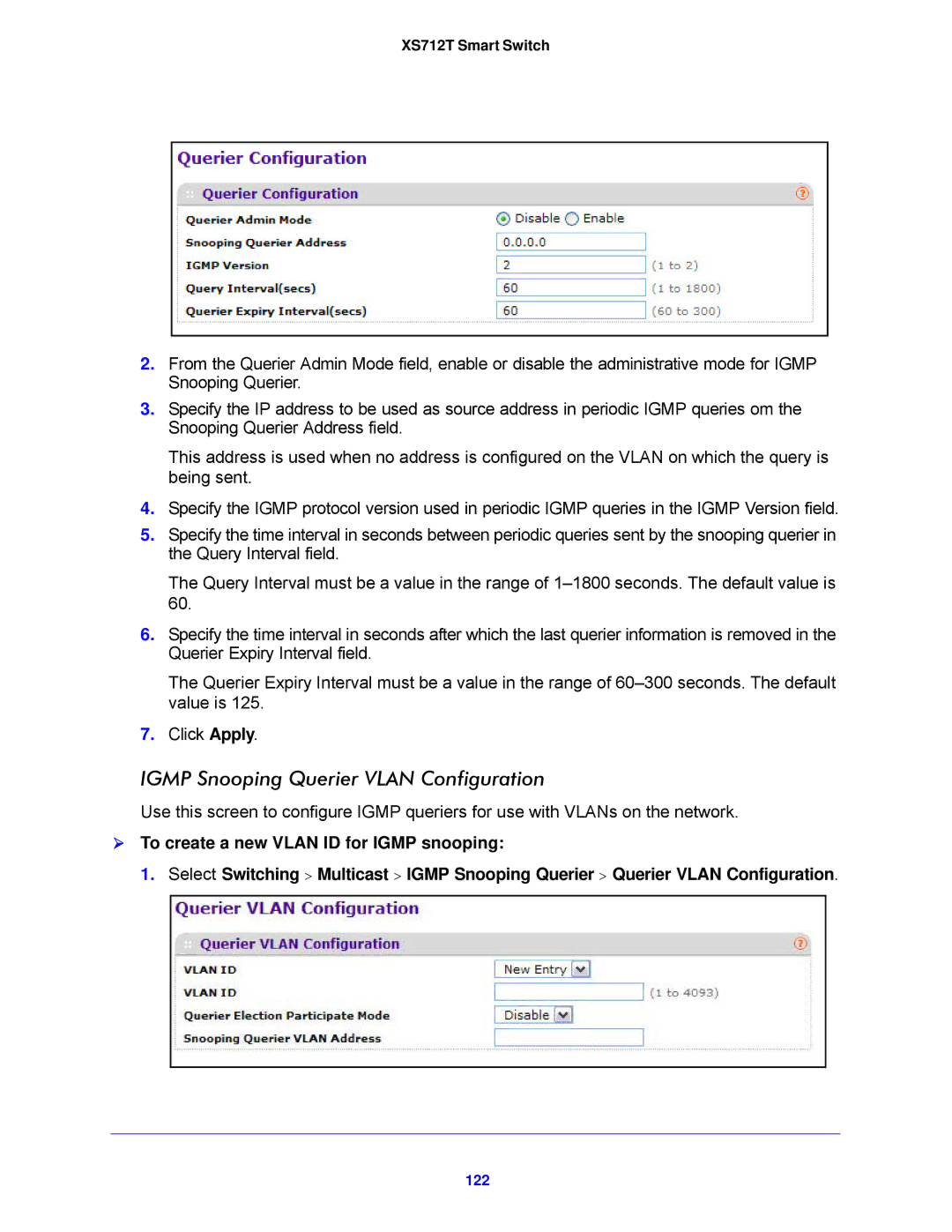 NETGEAR XS712T-100NES manual Igmp Snooping Querier Vlan Configuration, 122 