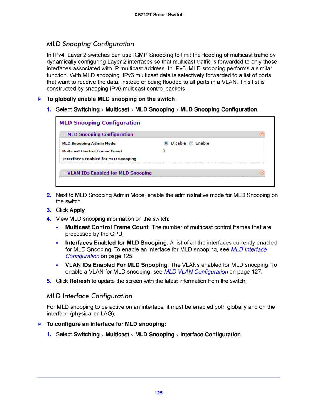 NETGEAR XS712T-100NES manual MLD Snooping Configuration, MLD Interface Configuration, 125 