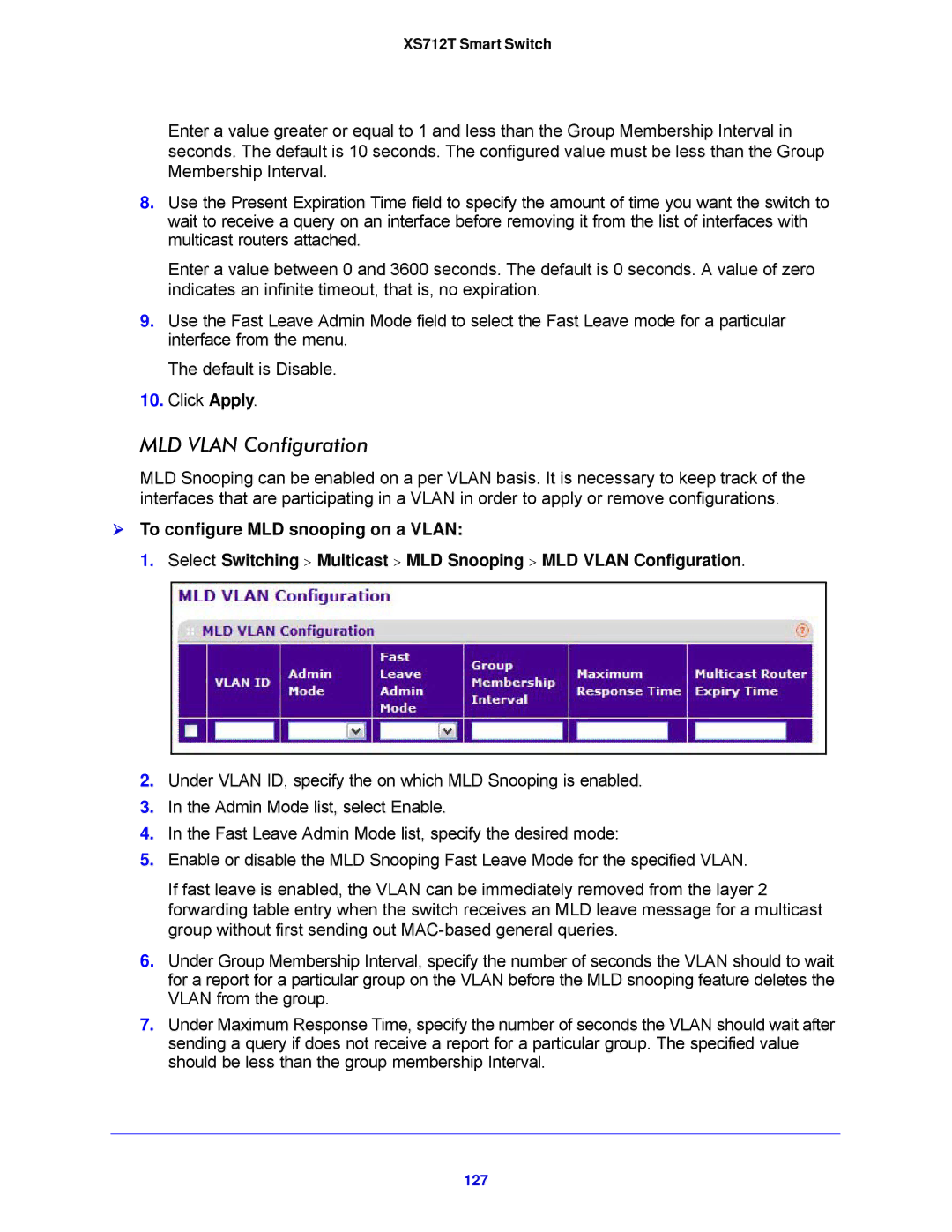 NETGEAR XS712T-100NES manual MLD Vlan Configuration, 127 