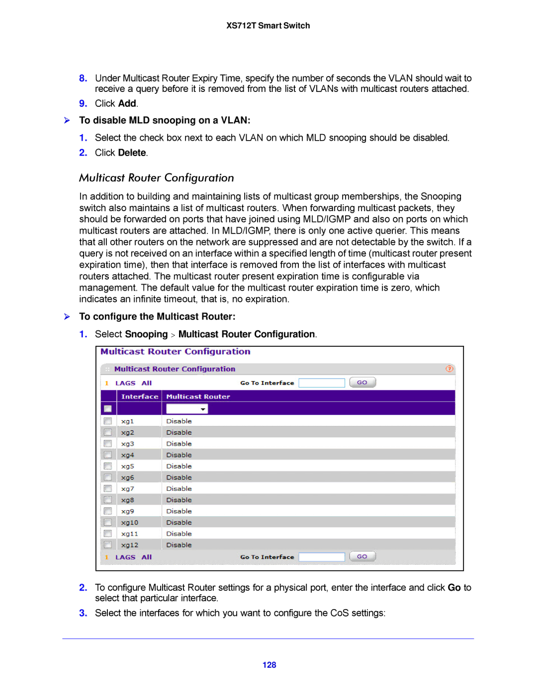 NETGEAR XS712T-100NES manual  To disable MLD snooping on a Vlan, 128 