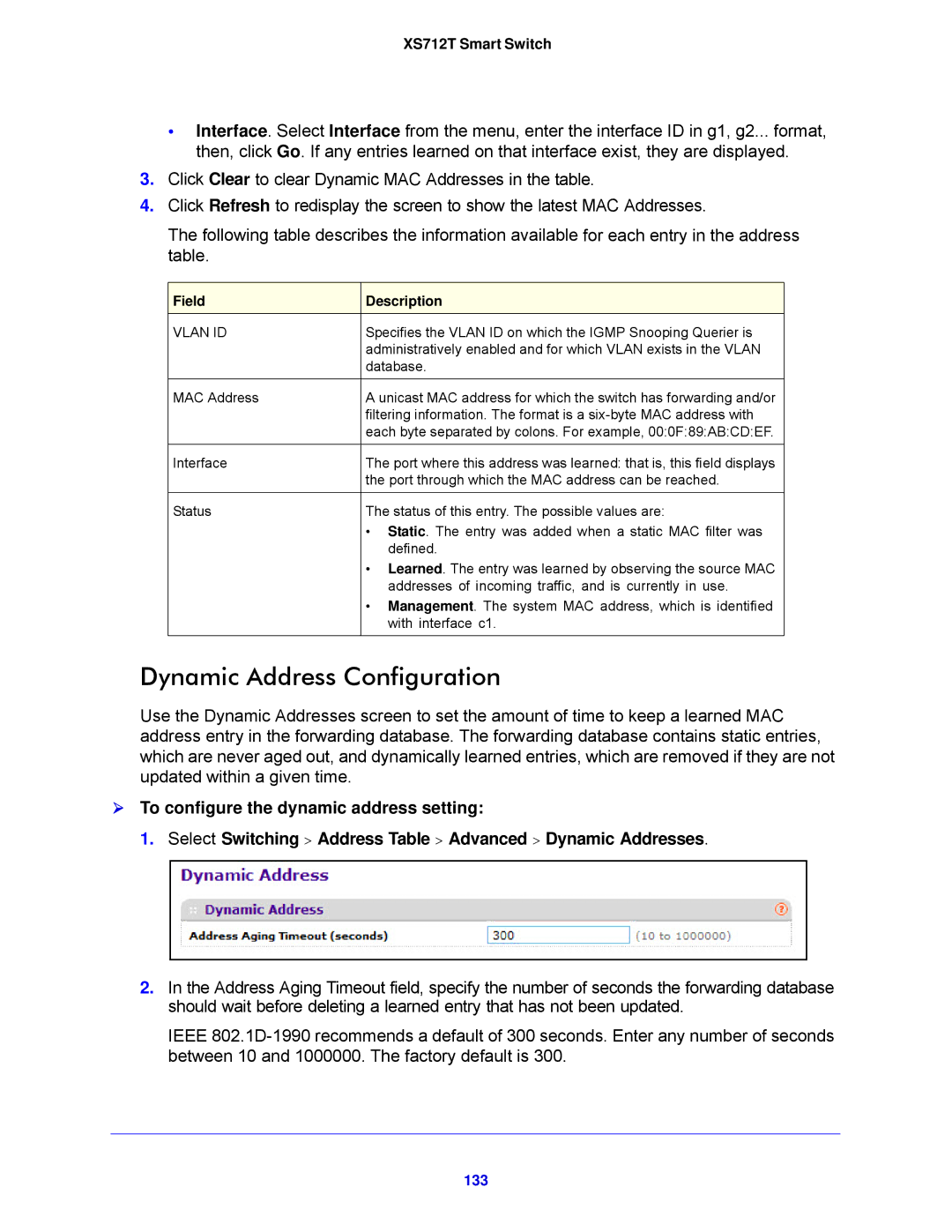 NETGEAR XS712T-100NES manual Dynamic Address Configuration, 133 