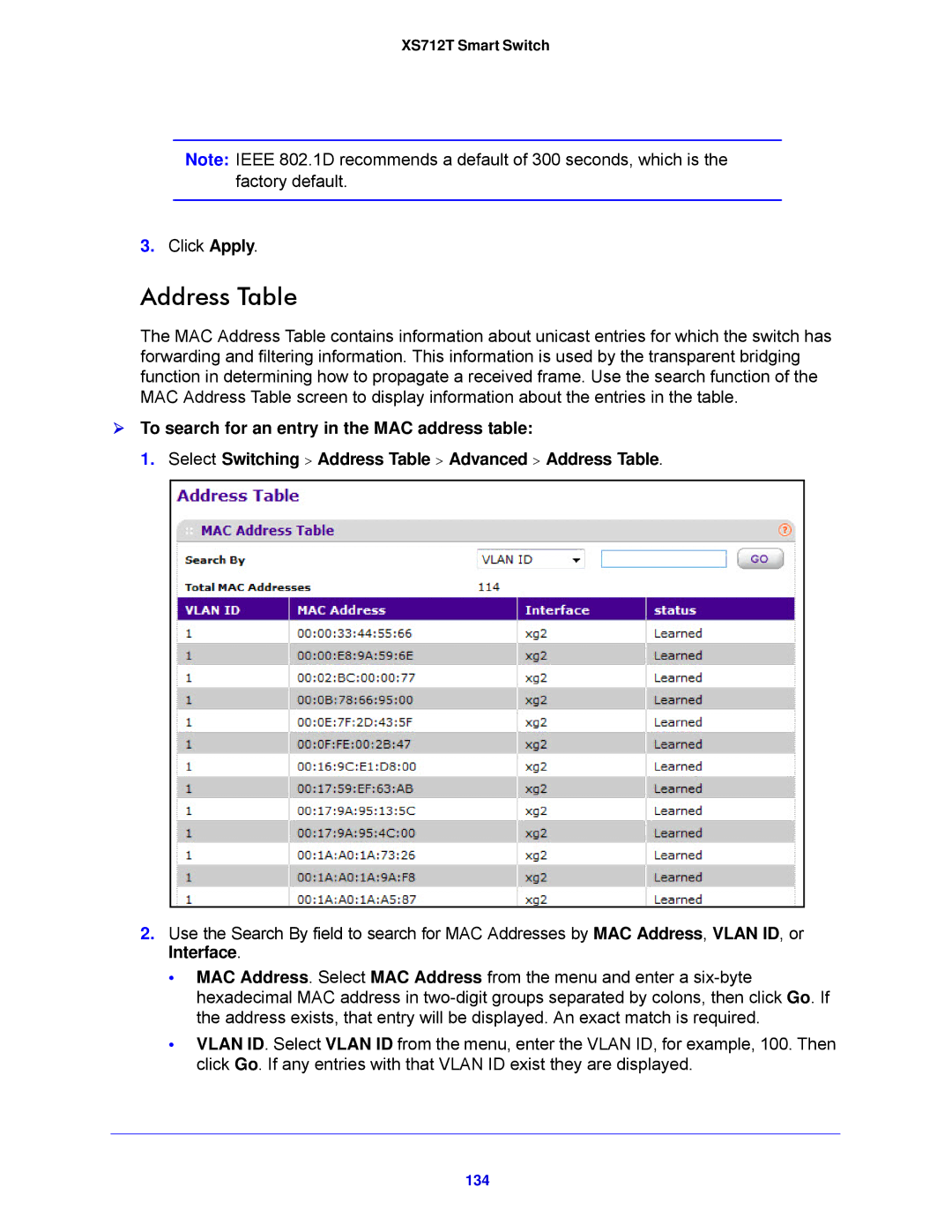 NETGEAR XS712T-100NES manual Address Table, 134 