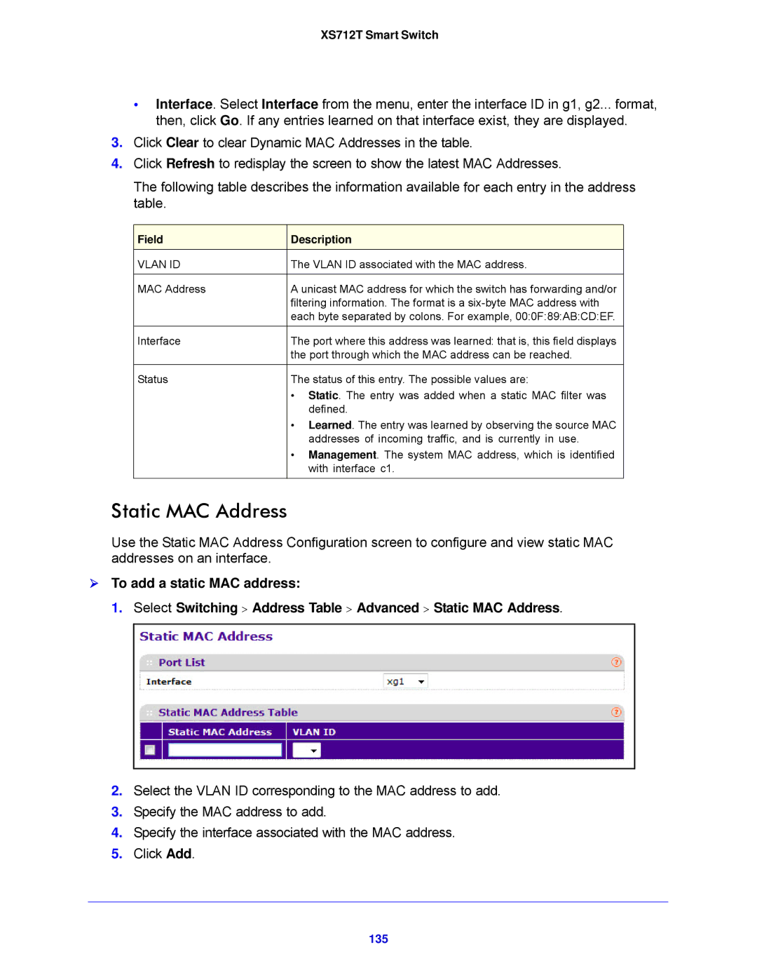 NETGEAR XS712T-100NES manual Static MAC Address, 135 