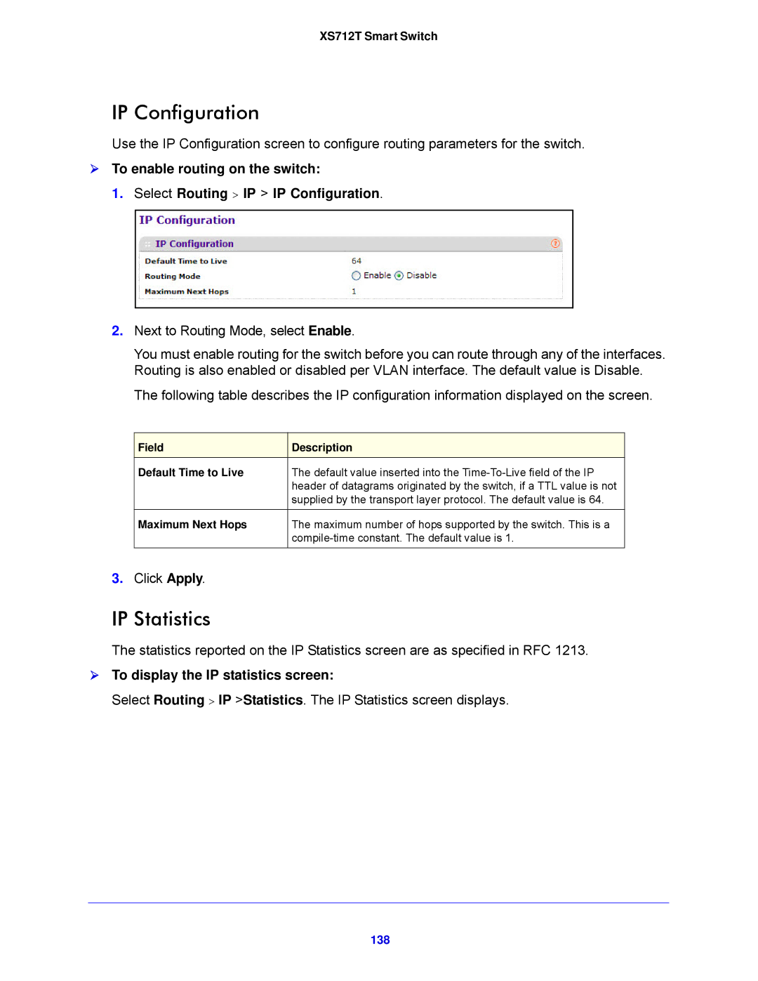 NETGEAR XS712T-100NES manual IP Statistics,  To display the IP statistics screen, 138 