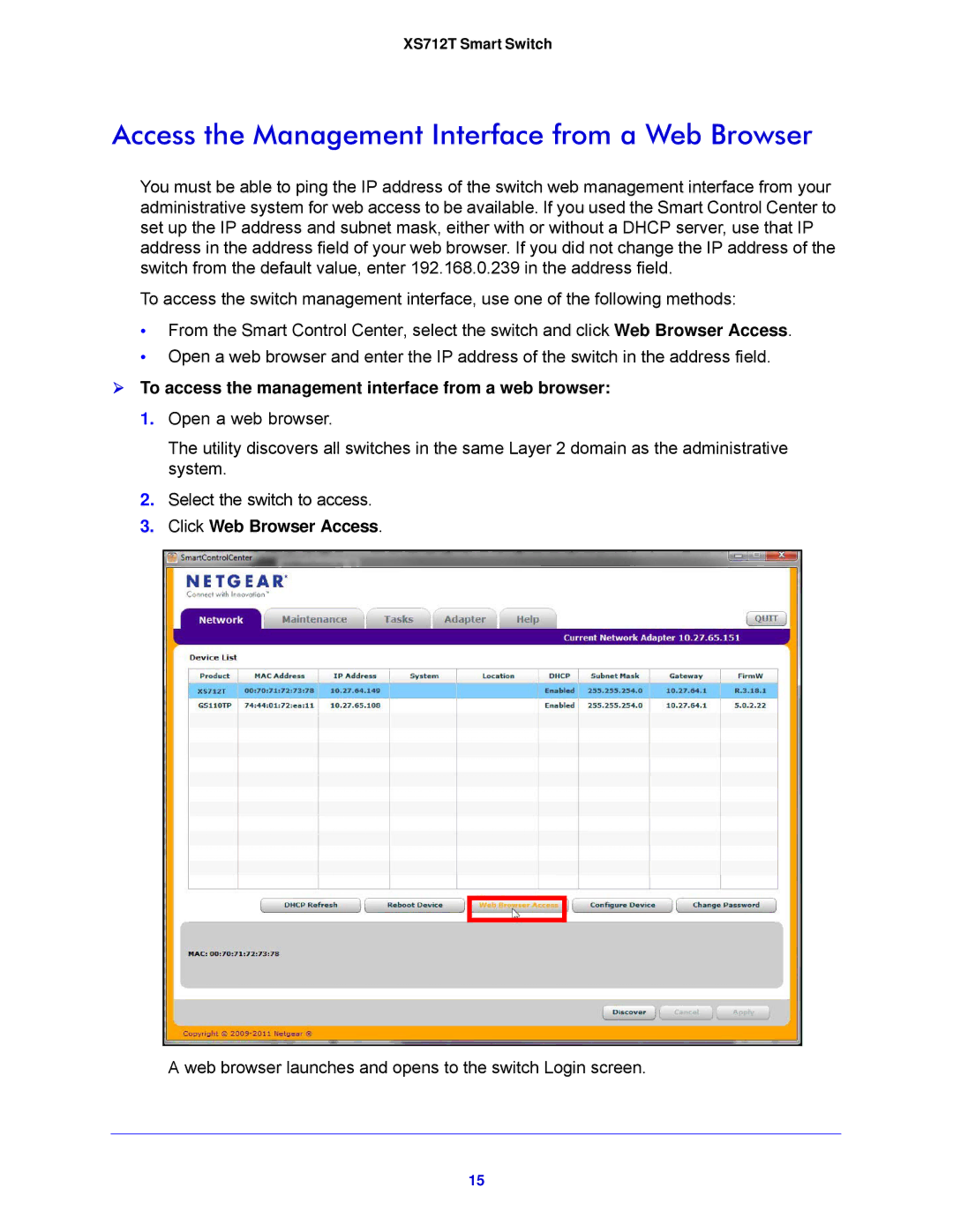 NETGEAR XS712T-100NES manual Access the Management Interface from a Web Browser, Click Web Browser Access 