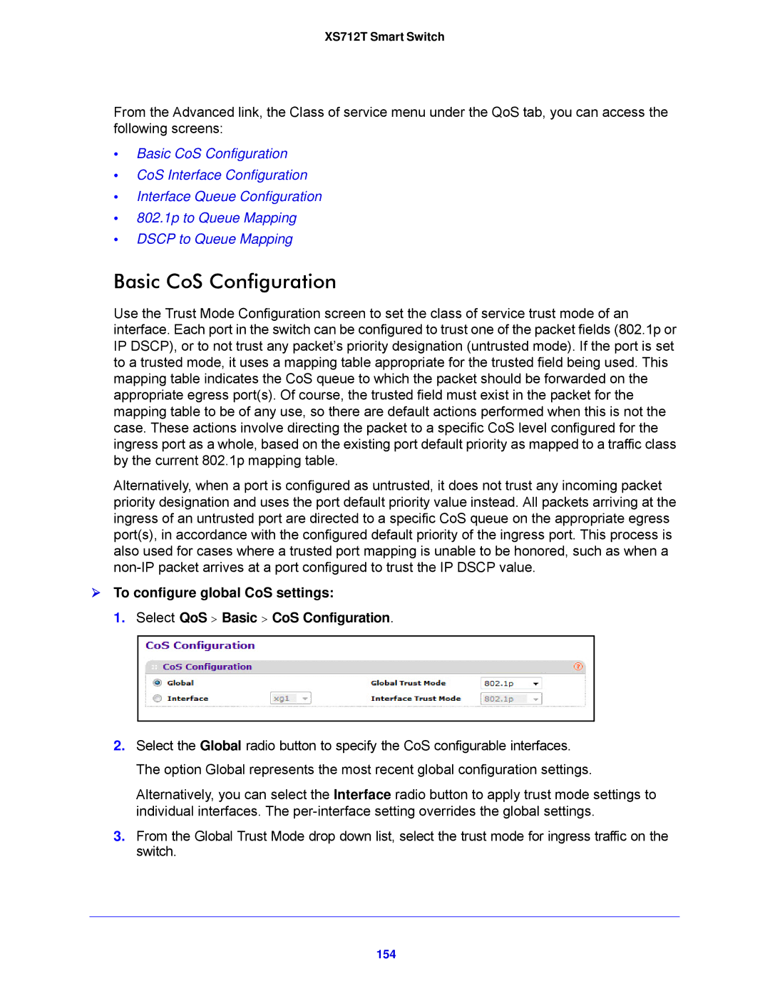 NETGEAR XS712T-100NES manual Basic CoS Configuration, 154 