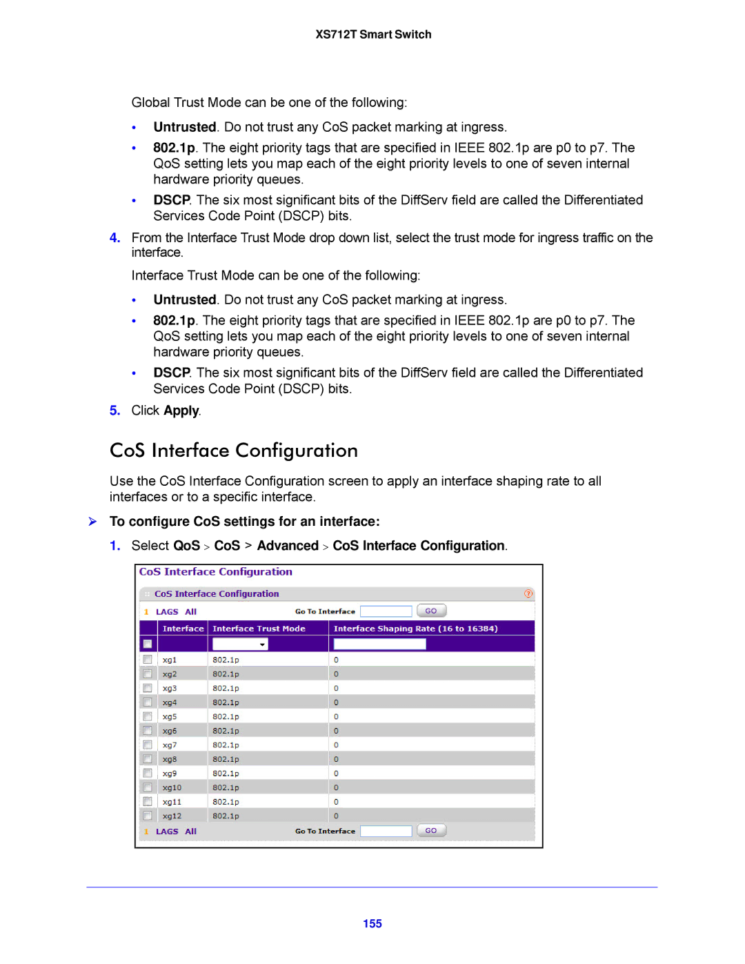 NETGEAR XS712T-100NES manual CoS Interface Configuration, 155 