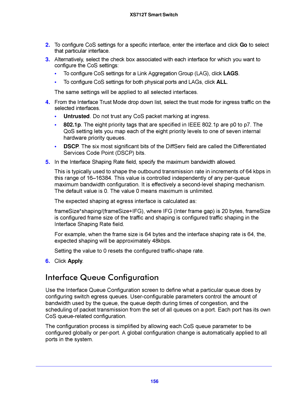 NETGEAR XS712T-100NES manual Interface Queue Configuration, 156 