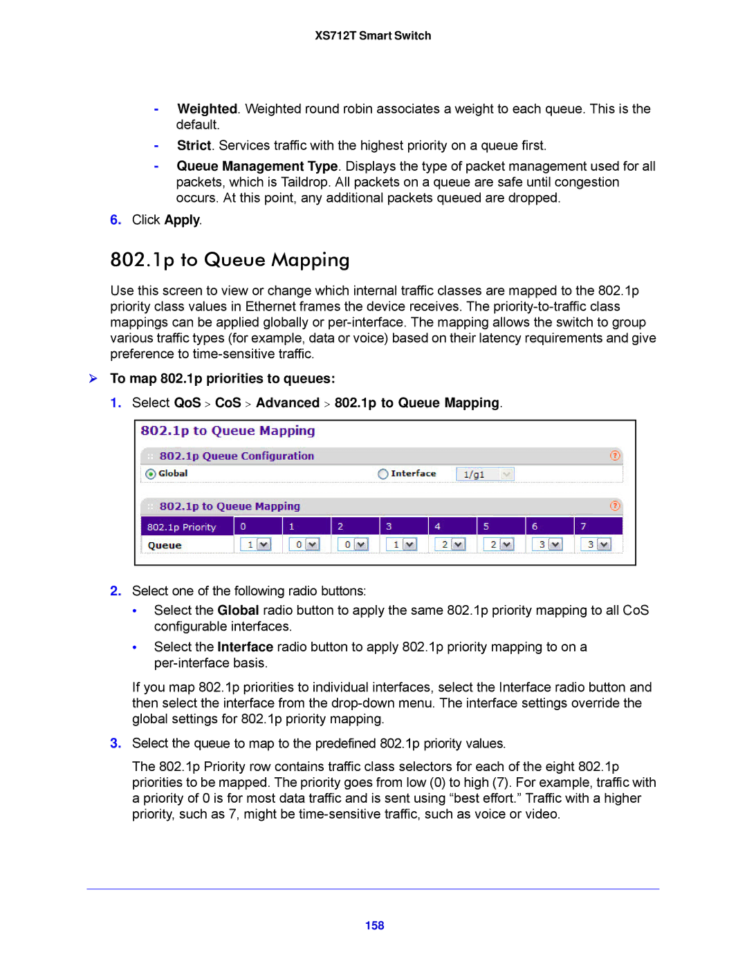 NETGEAR XS712T-100NES manual 802.1p to Queue Mapping, 158 