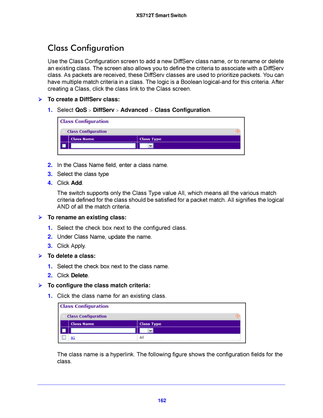 NETGEAR XS712T-100NES manual Class Configuration,  To rename an existing class,  To delete a class, 162 