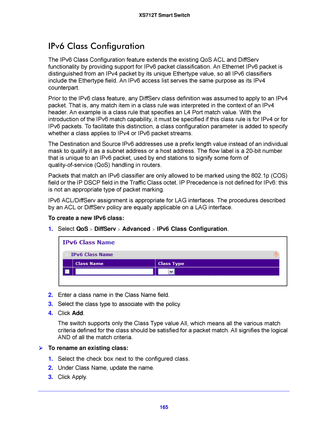 NETGEAR XS712T-100NES manual IPv6 Class Configuration, 165 