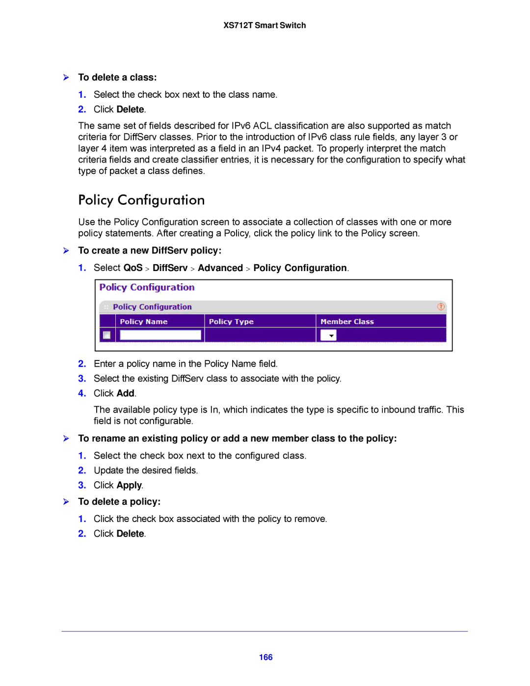 NETGEAR XS712T-100NES manual Policy Configuration,  To delete a policy, 166 