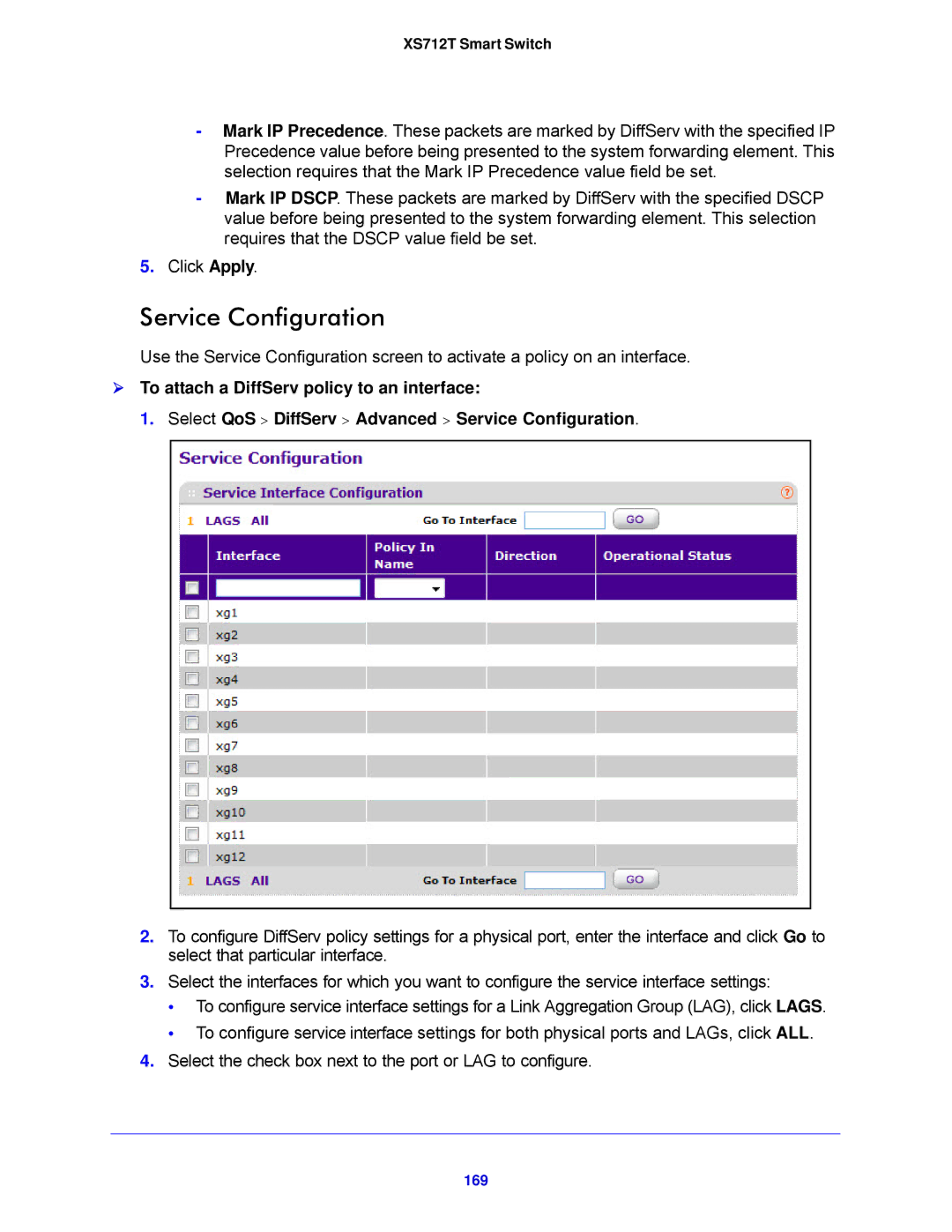 NETGEAR XS712T-100NES manual Service Configuration, 169 