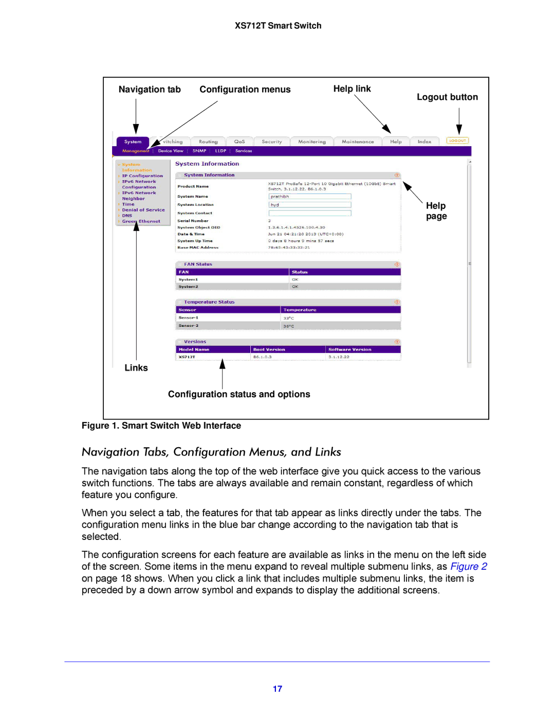 NETGEAR XS712T-100NES manual Navigation Tabs, Configuration Menus, and Links, Smart Switch Web Interface 