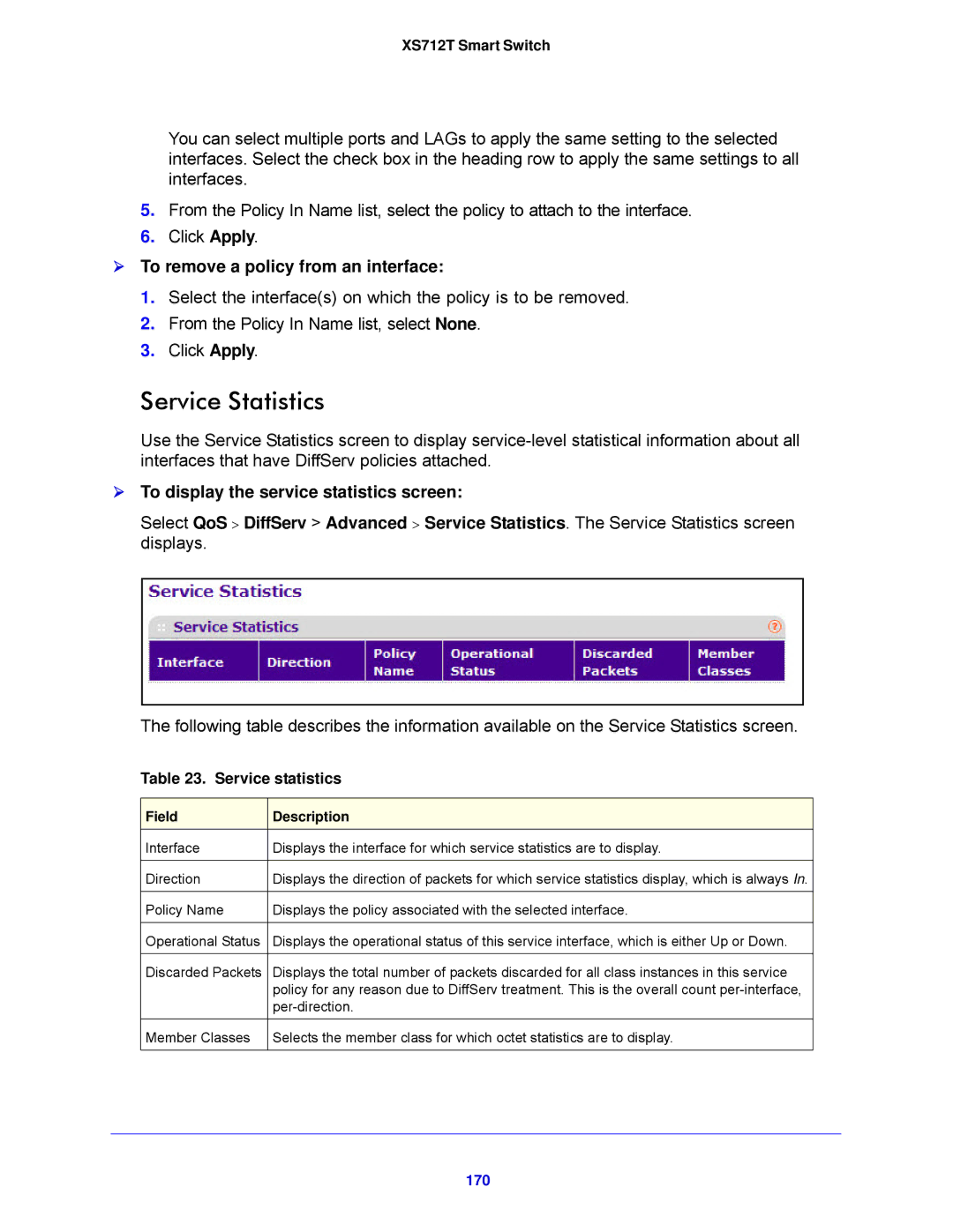 NETGEAR XS712T-100NES manual Service Statistics,  To remove a policy from an interface, Service statistics, 170 