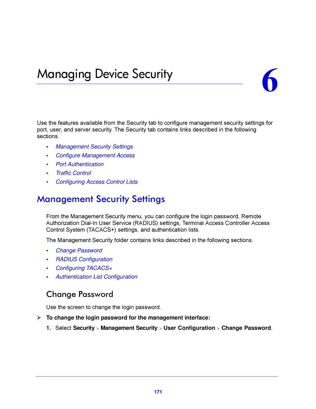 NETGEAR XS712T-100NES manual Management Security Settings, Change Password, 171 