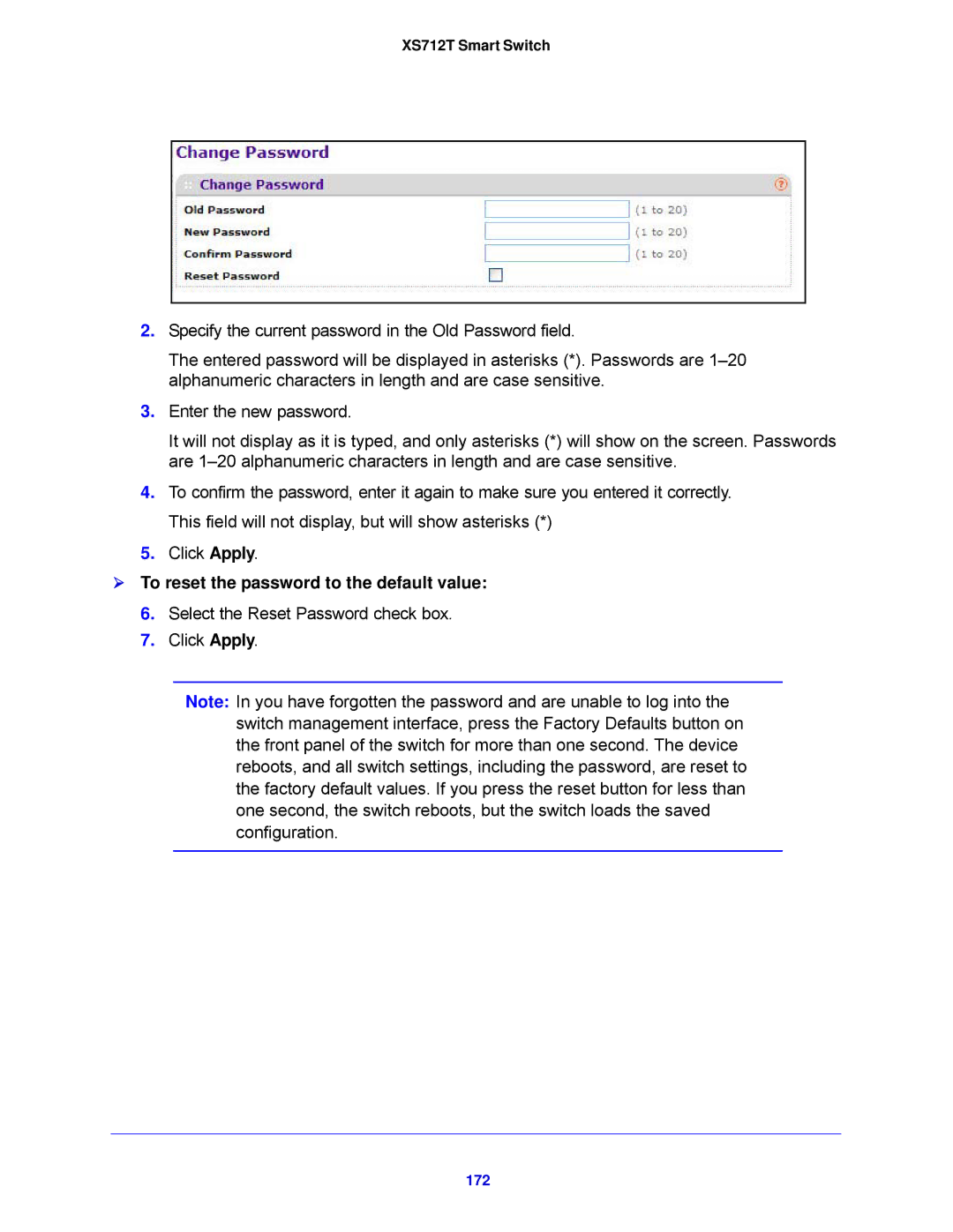 NETGEAR XS712T-100NES manual  To reset the password to the default value, 172 