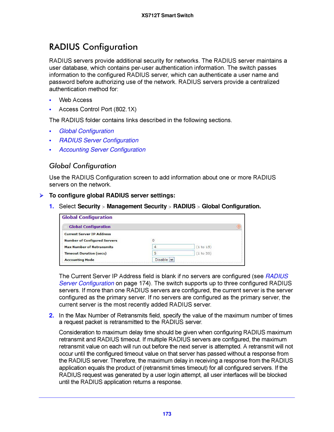 NETGEAR XS712T-100NES manual Radius Configuration, Global Configuration, 173 